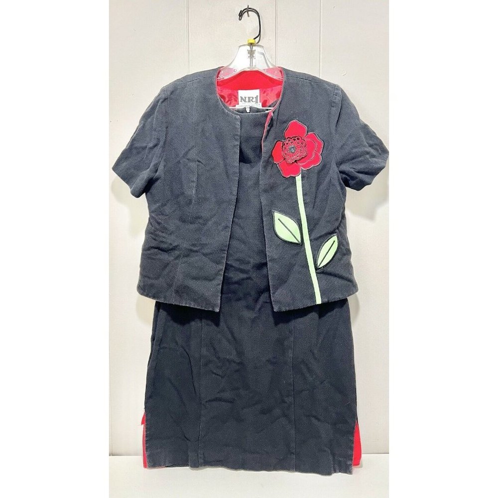 Saks Fifth Avenue Womens Dress & Jacket Black Dress Red Accent Flower Size 12P